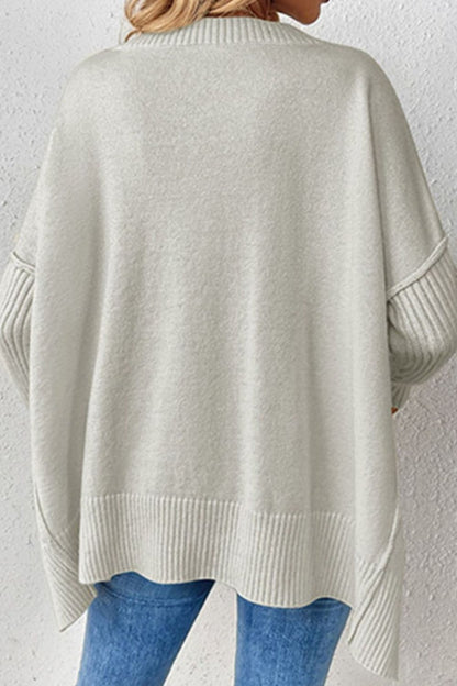 Slit V-Neck Dropped Shoulder Sweater.