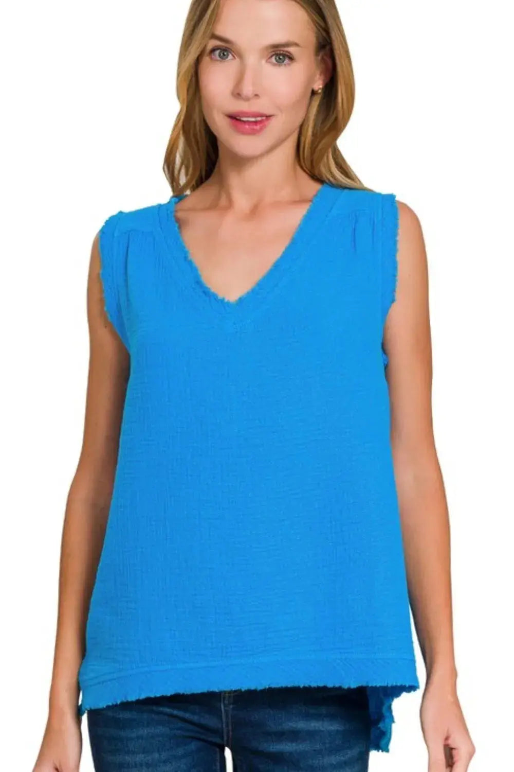 Zenana Double Gauze Raw Edge V-Neck Tank - Love Salve 