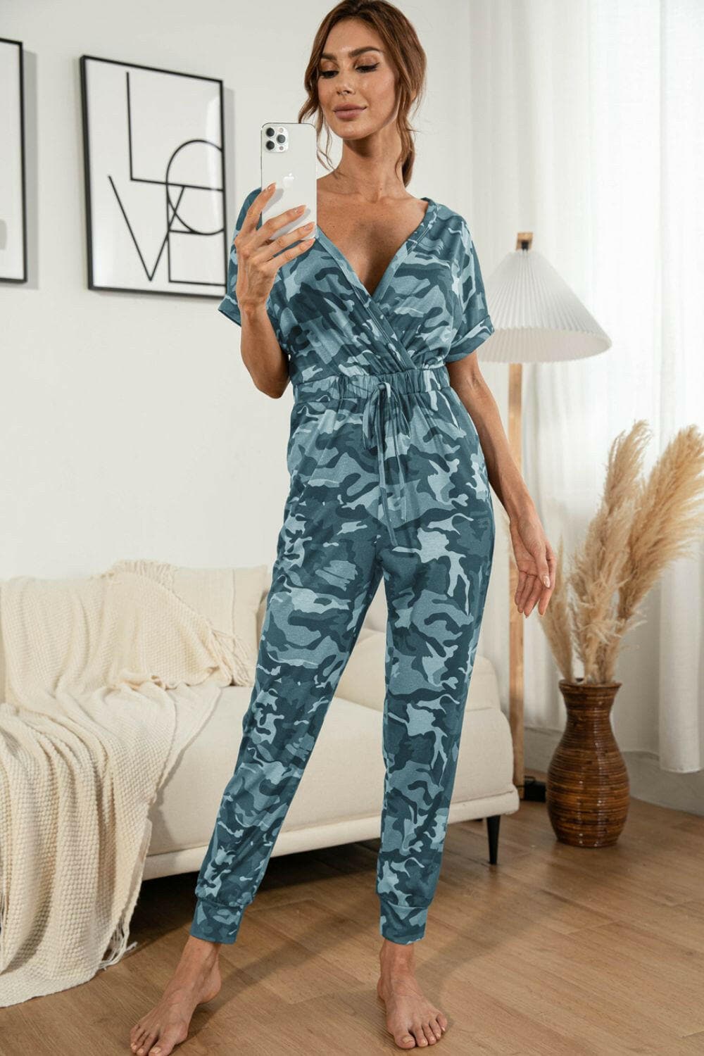 Surplice Neck Tied Short Sleeve Jumpsuit.