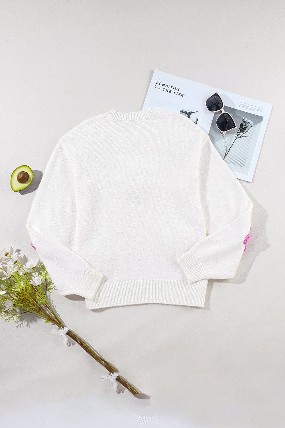 Crochet Flower Round Neck Long Sleeve Sweater.