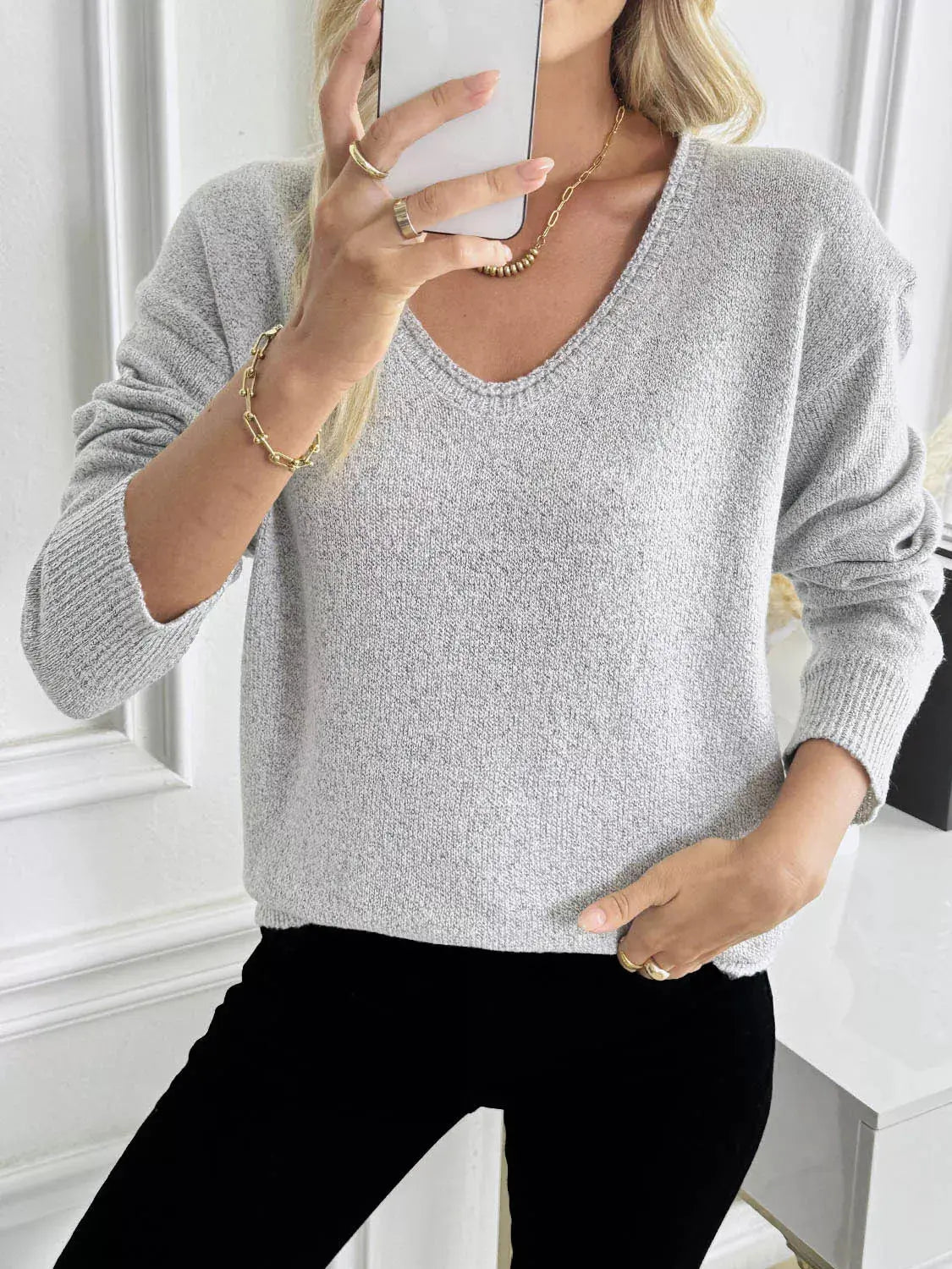 V-Neck Long Sleeve Knit Top Simply Love