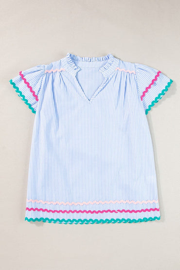 Striped Notched Short Sleeve Blouse.