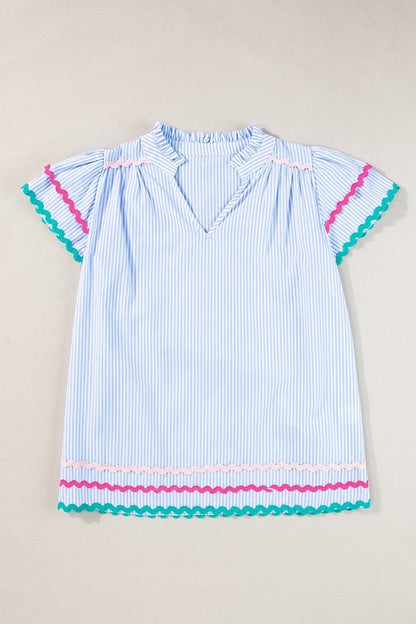 Striped Notched Short Sleeve Blouse.