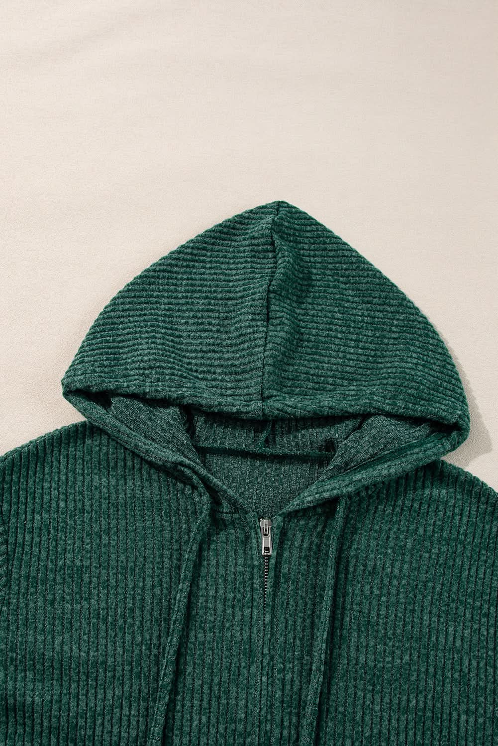 Evergreen Ribbed Zip-Up Hoodie with Drawstring Closure