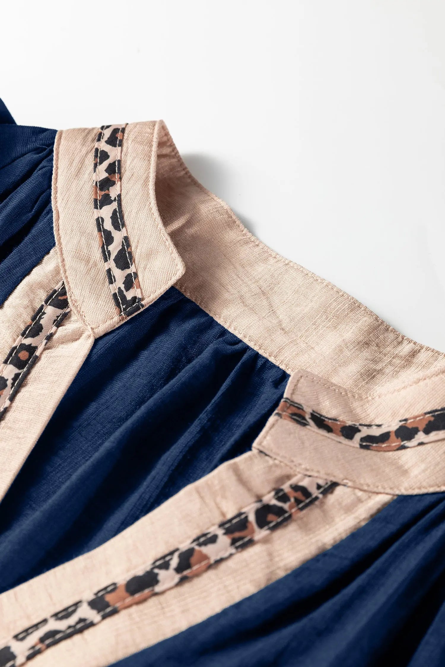 Dirty Blue Leopard Trim V Neck Flounced Bracelet Sleeve Blouse Dear-Lover Dropshipping