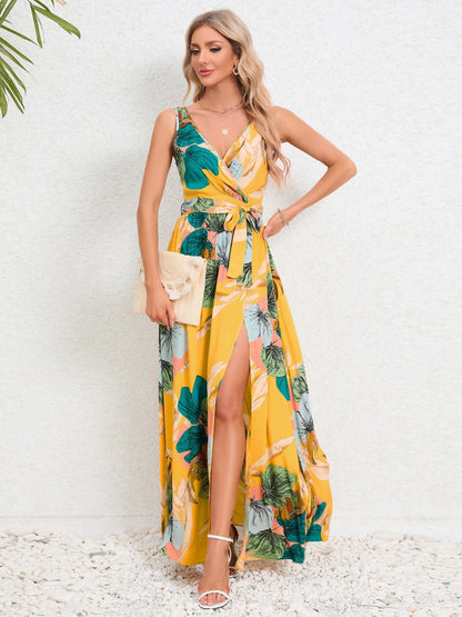 Slit Tied Printed Surplice Dress.