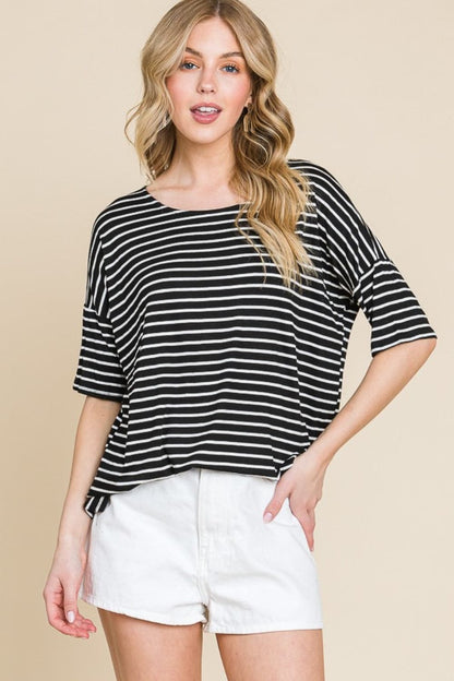 BOMBOM Striped Round Neck T-Shirt.