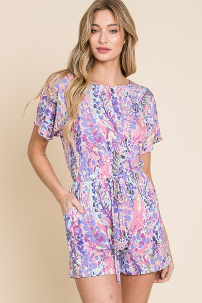 BOMBOM Print Short Sleeve Romper with Pockets.