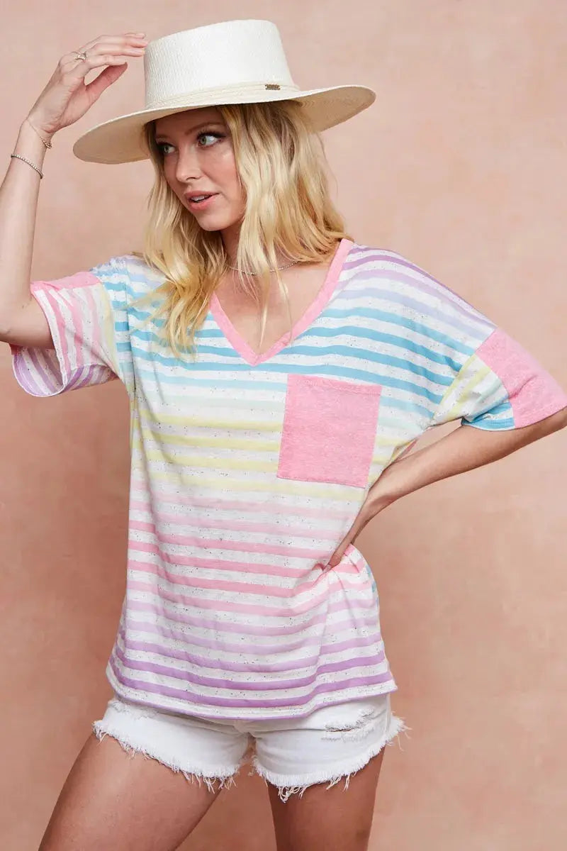 BiBi Rainbow Stripe Printed Triblend Knit Top - Love Salve 