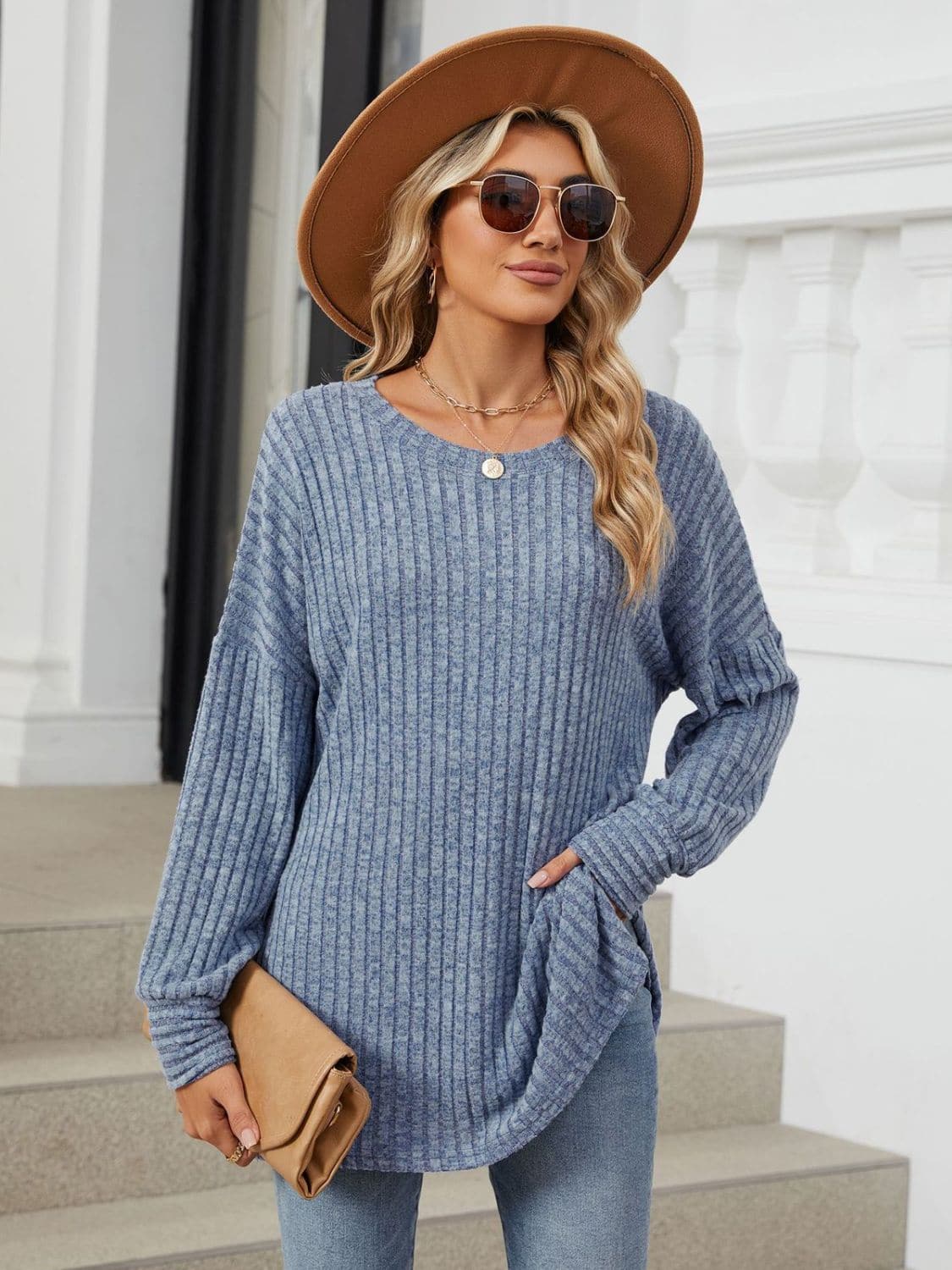 Ribbed Round Neck Long Sleeve T-Shirt.