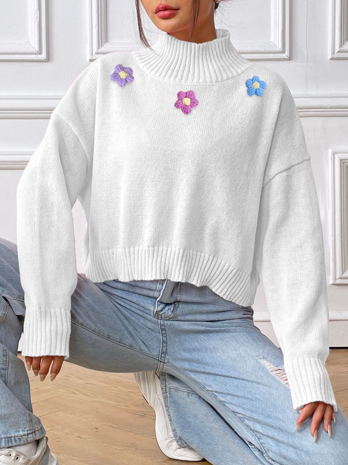 Floral elegance turtleneck long sleeve sweater