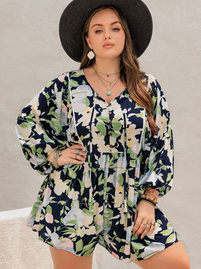 Plus Size Tied Printed Long Sleeve Romper.