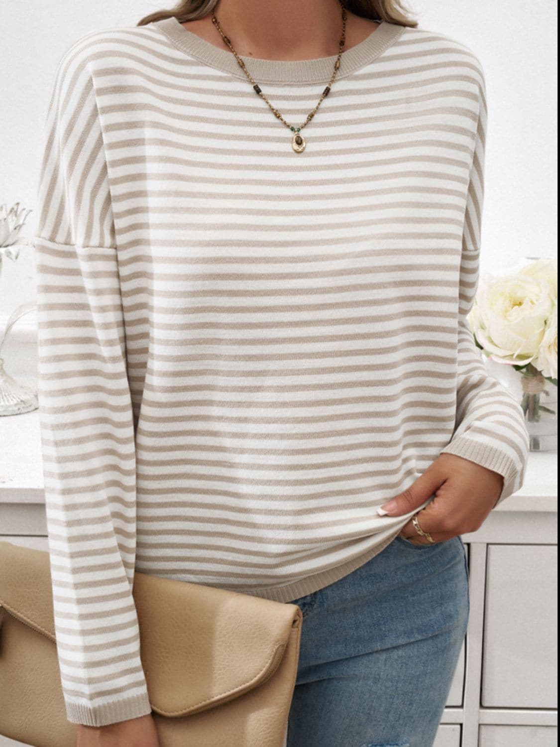 Striped Round Neck Dropped Shoulder Sweater.