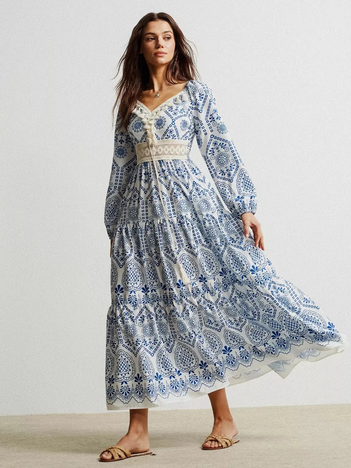 Bohemian Print Midi Dress with Tassel Detail Simply Love