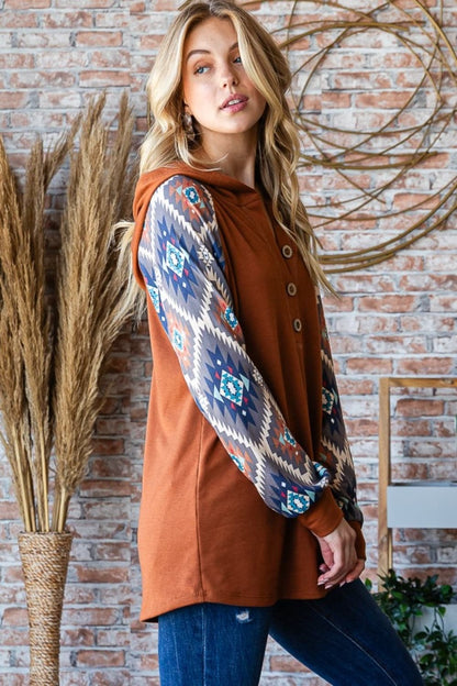 Cozy chic half button hooded long sleeve top with unique print