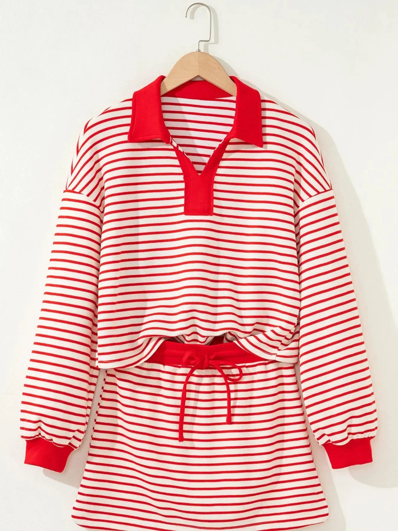 Stripe Collared V Neck Drop Shoulder Pullover and Skort 2pcs Outfit Simply Love