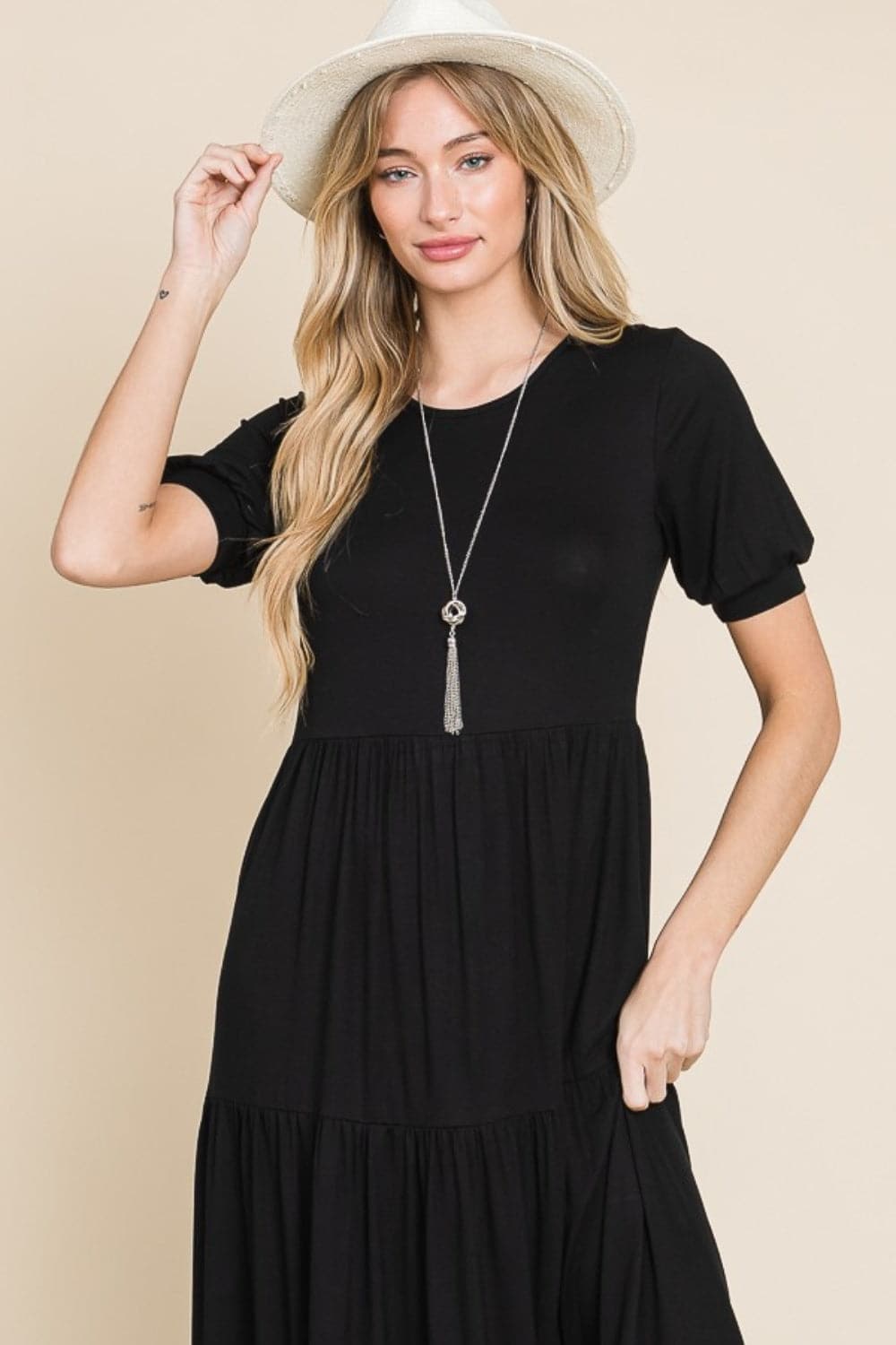 BOMBOM Short Sleeve Tiered Maxi Dress.