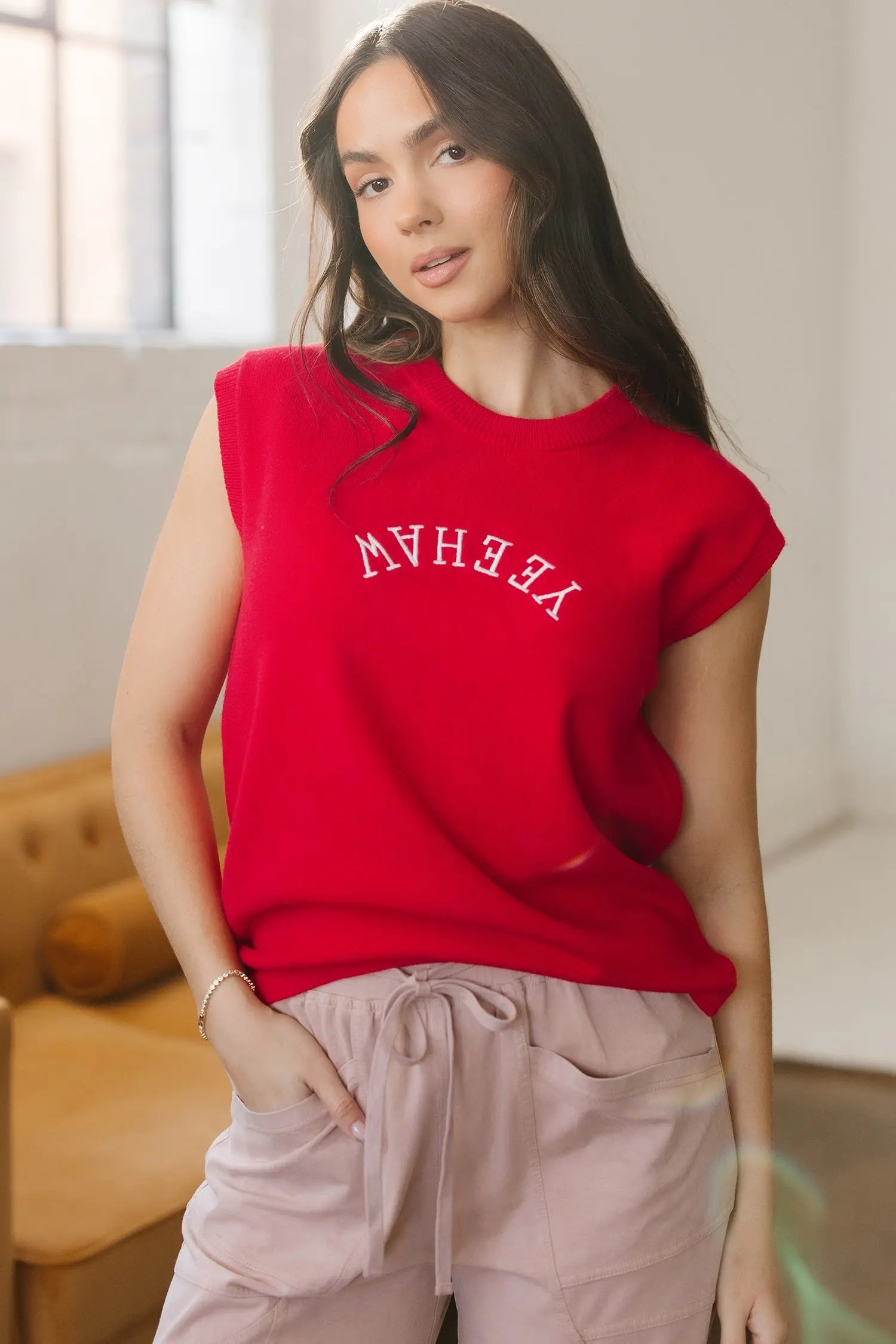 Fiery Red Embroidered Yeehaw Letter Loose Short Sleeve Sweater Dear-Lover Dropshipping