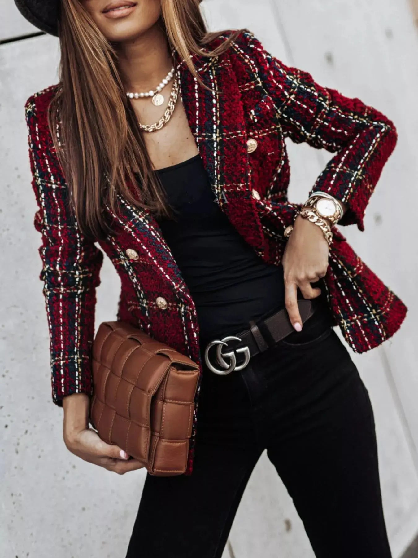 Full Size Plaid Tweed Double-Breasted Blazer Plus Size Simply Love
