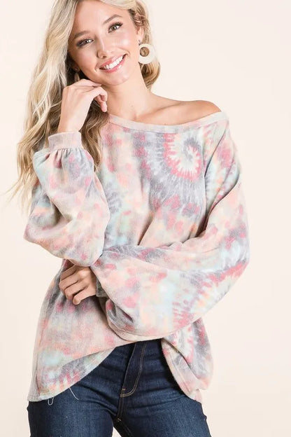 BiBi Brushed Tie Dye Print Top with Puff Sleeves - Love Salve 