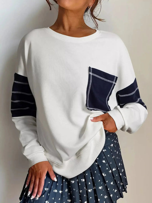 Exposed Seam Detail Color Block Patch Pocket Drop Shoulder Sweatshirt Simply Love