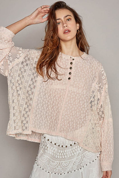 POL Round Neck Long Sleeve Raw Edge Lace Top.