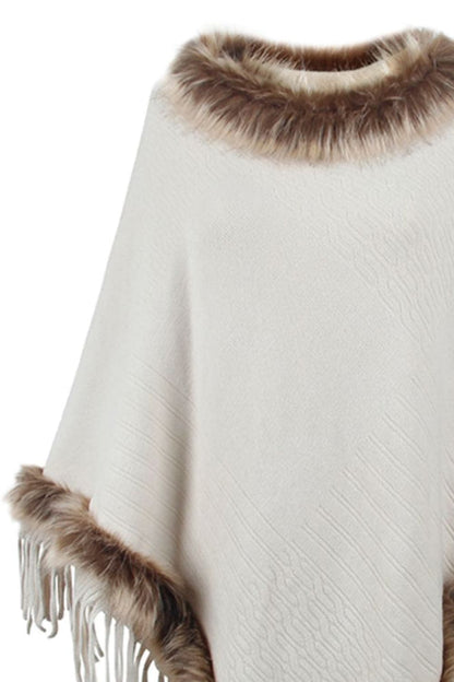 Faux Fur Trim Fringed Poncho.