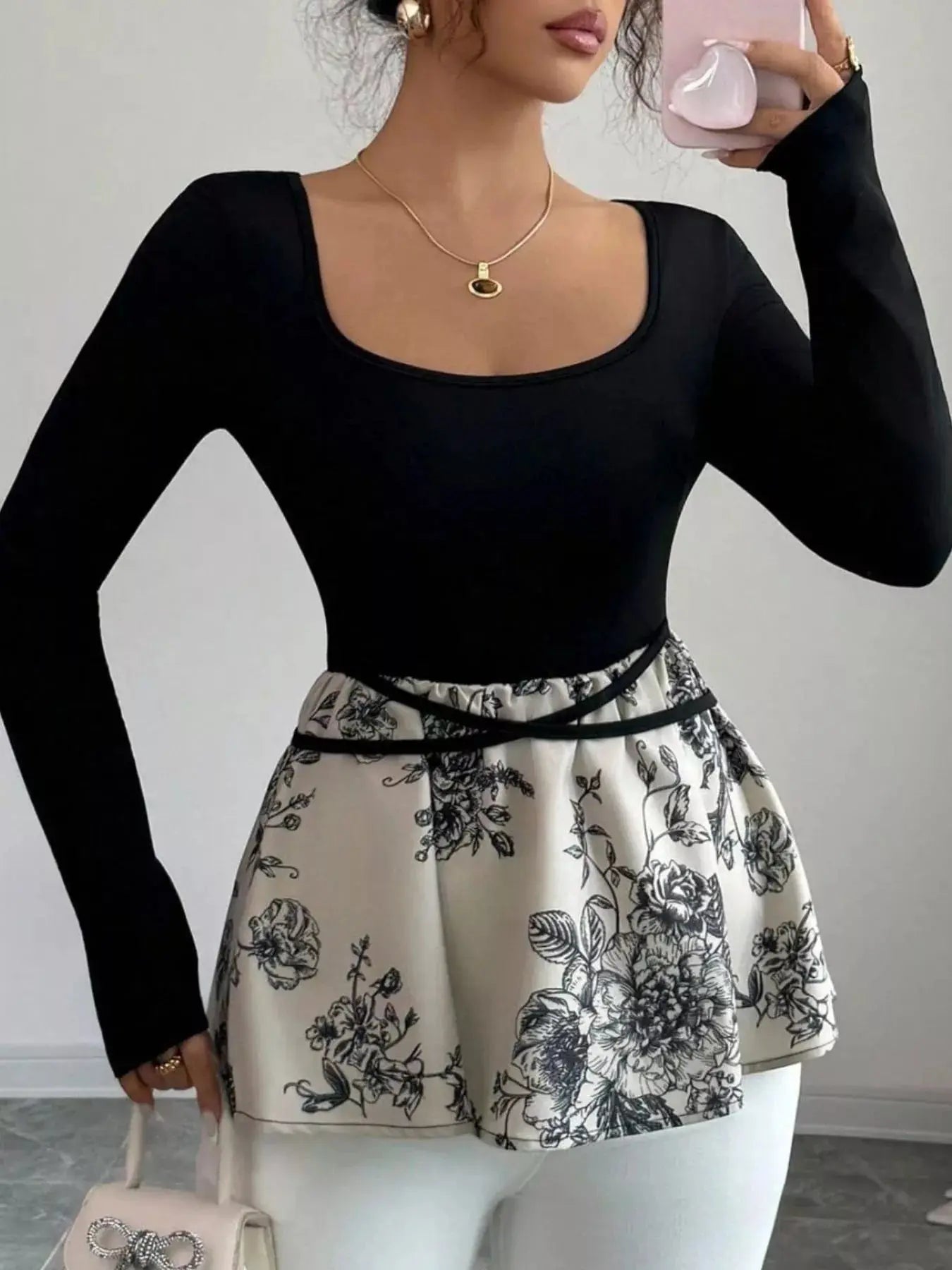 Floral Print Peplum Hem Long Sleeve Top Simply Love