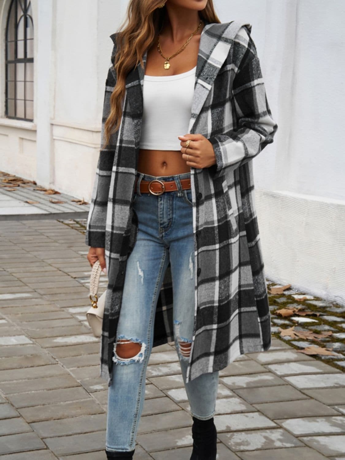 Chic plaid hooded coat with pockets