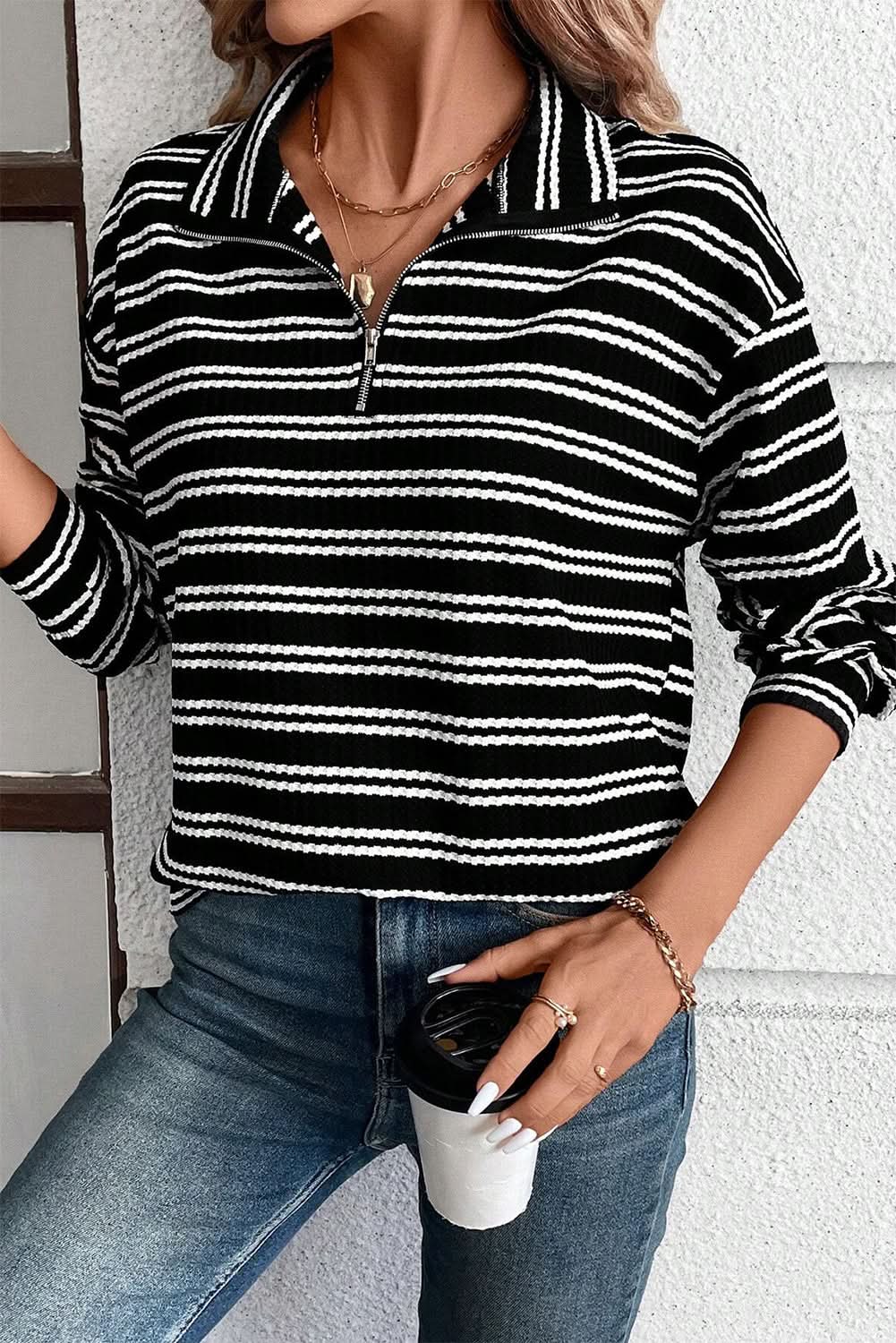 Black Stripe Textured Quarter Zip Collar Long Sleeve Top - Love Salve 