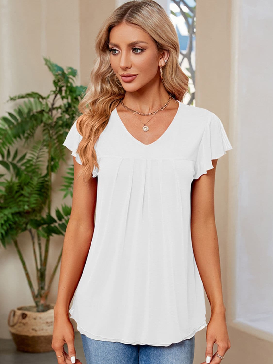 Ruched V-Neck Short Sleeve T-Shirt.