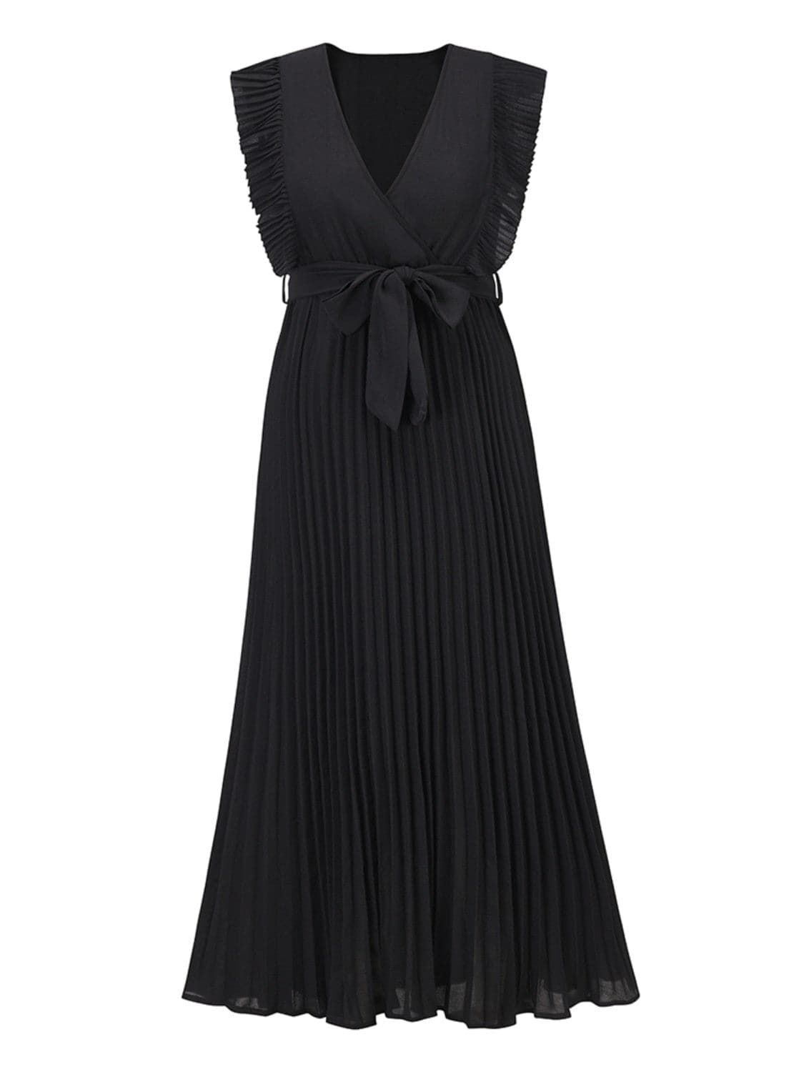 Tied Surplice Cap Sleeve Pleated Dress.