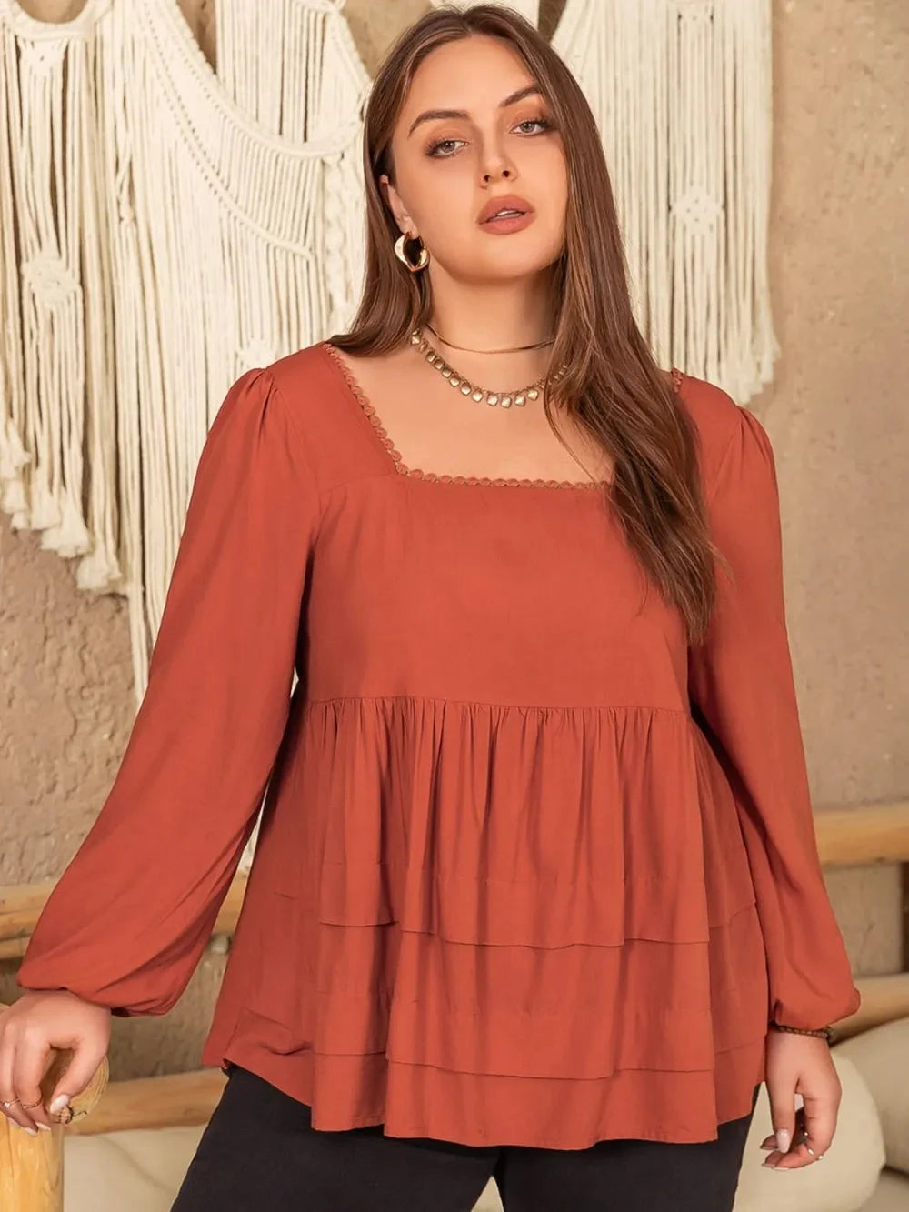 Plus Size Lace Detail Square Neck Long Sleeve Blouse Coco’s Tee Boutique
