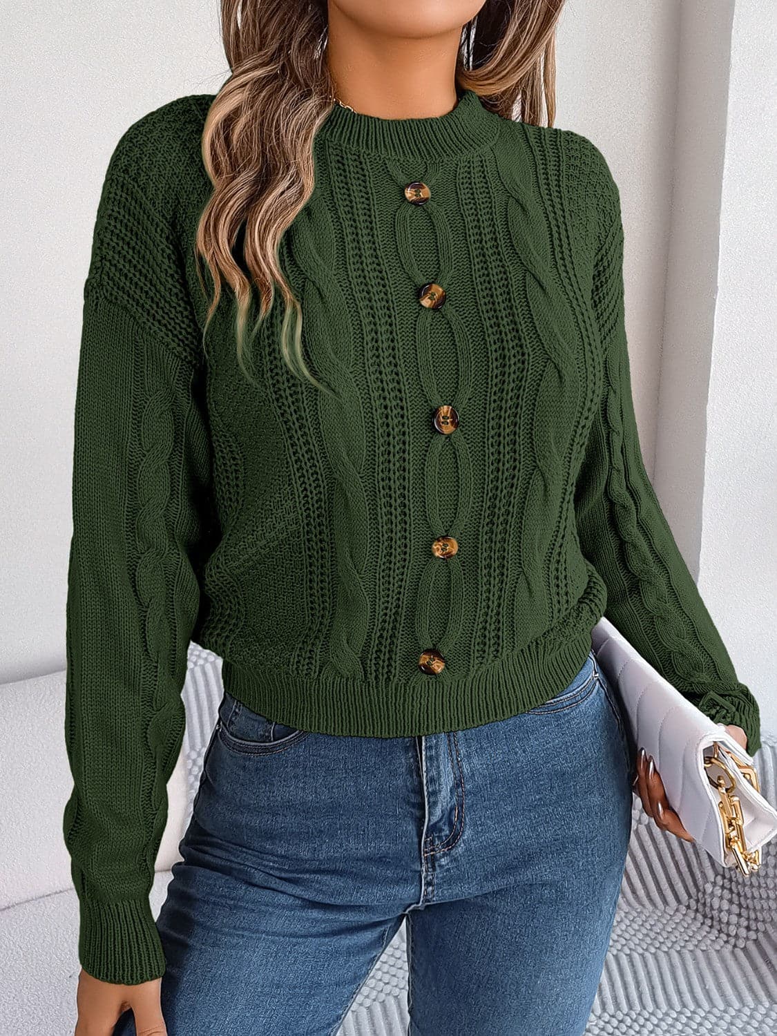 Cable-Knit Buttoned Round Neck Sweater.