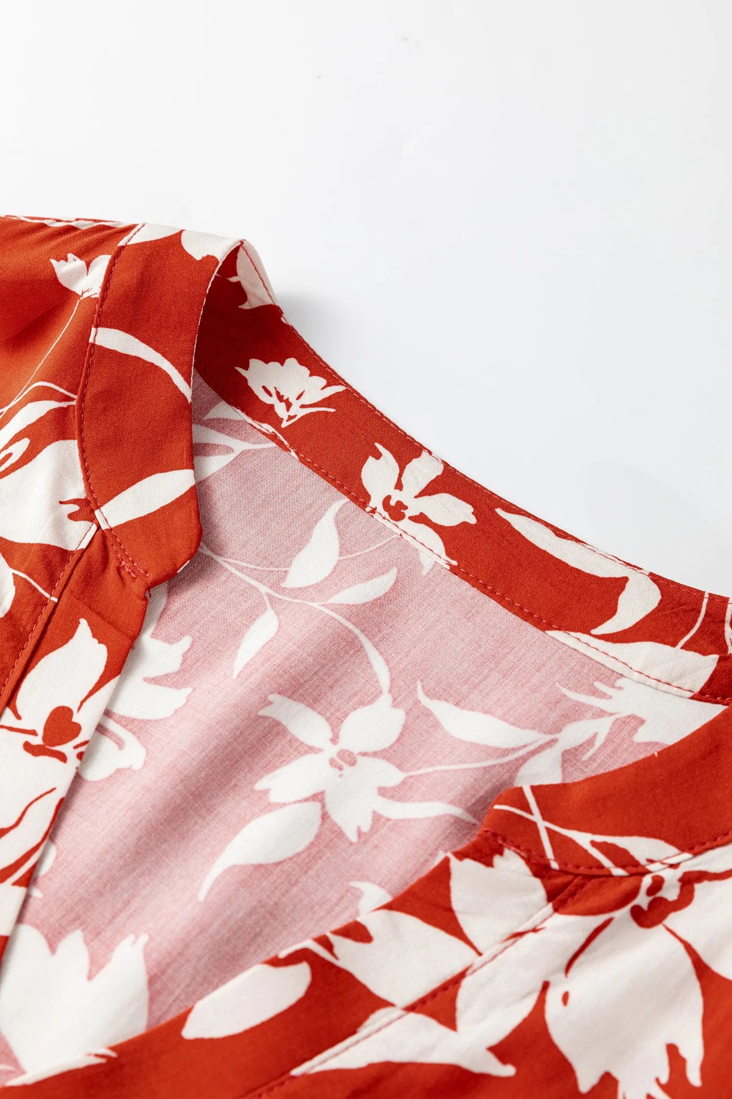 Red Boho Floral Print Lettuce Trim Mini Dress With Three Quarter Sleeves Dear-Lover Dropshipping