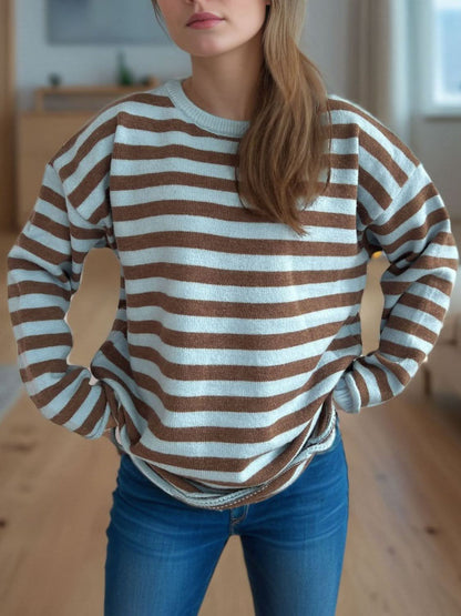 Distressed Striped Round Neck Long Sleeve Sweater