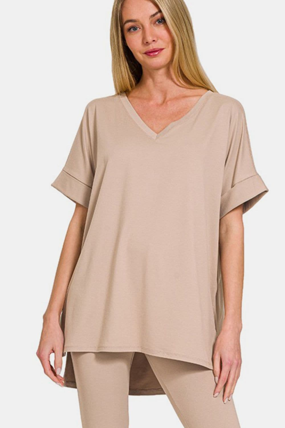 Zenana Full Size V-Neck Rolled Short Sleeve T-Shirt and Leggings Lounge Set.