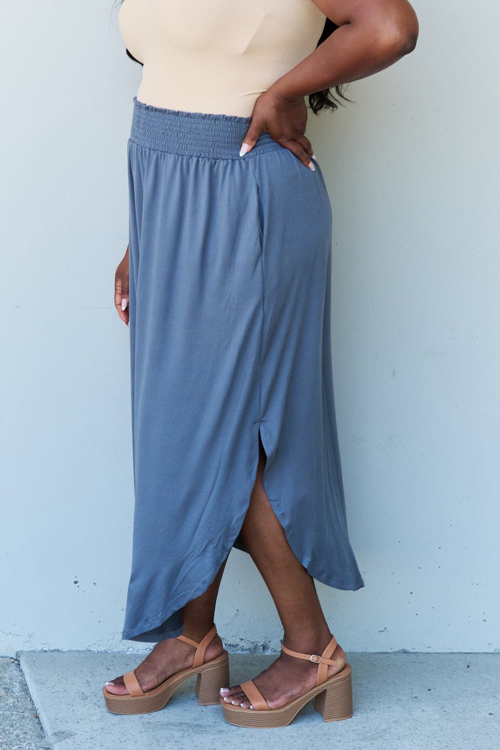 Doublju Comfort Princess Full Size High Waist Scoop Hem Maxi Skirt in Dusty Blue.