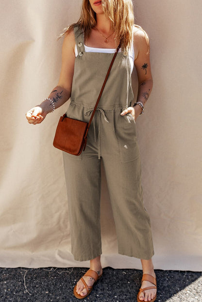 Drawstring Wide Strap Overalls with Pockets.