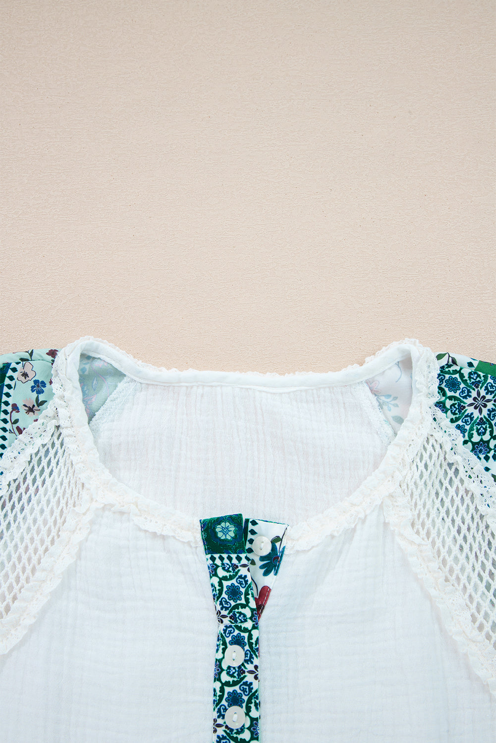 Premium White Plant Mesh Patch Color Block Half Button Blouse