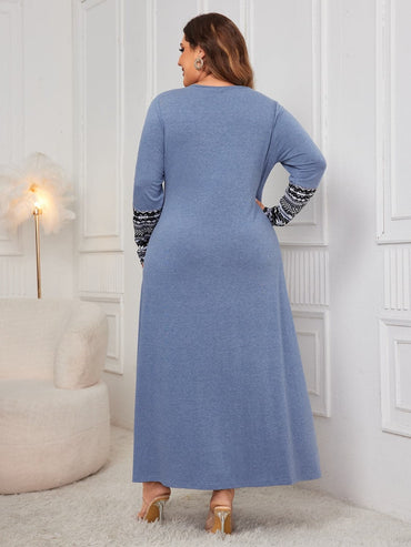 Plus Size Printed Round Neck Long Sleeve Dress.