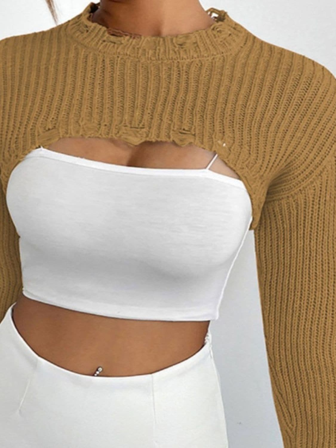 Distressed Long Sleeve Cropped Sweater.