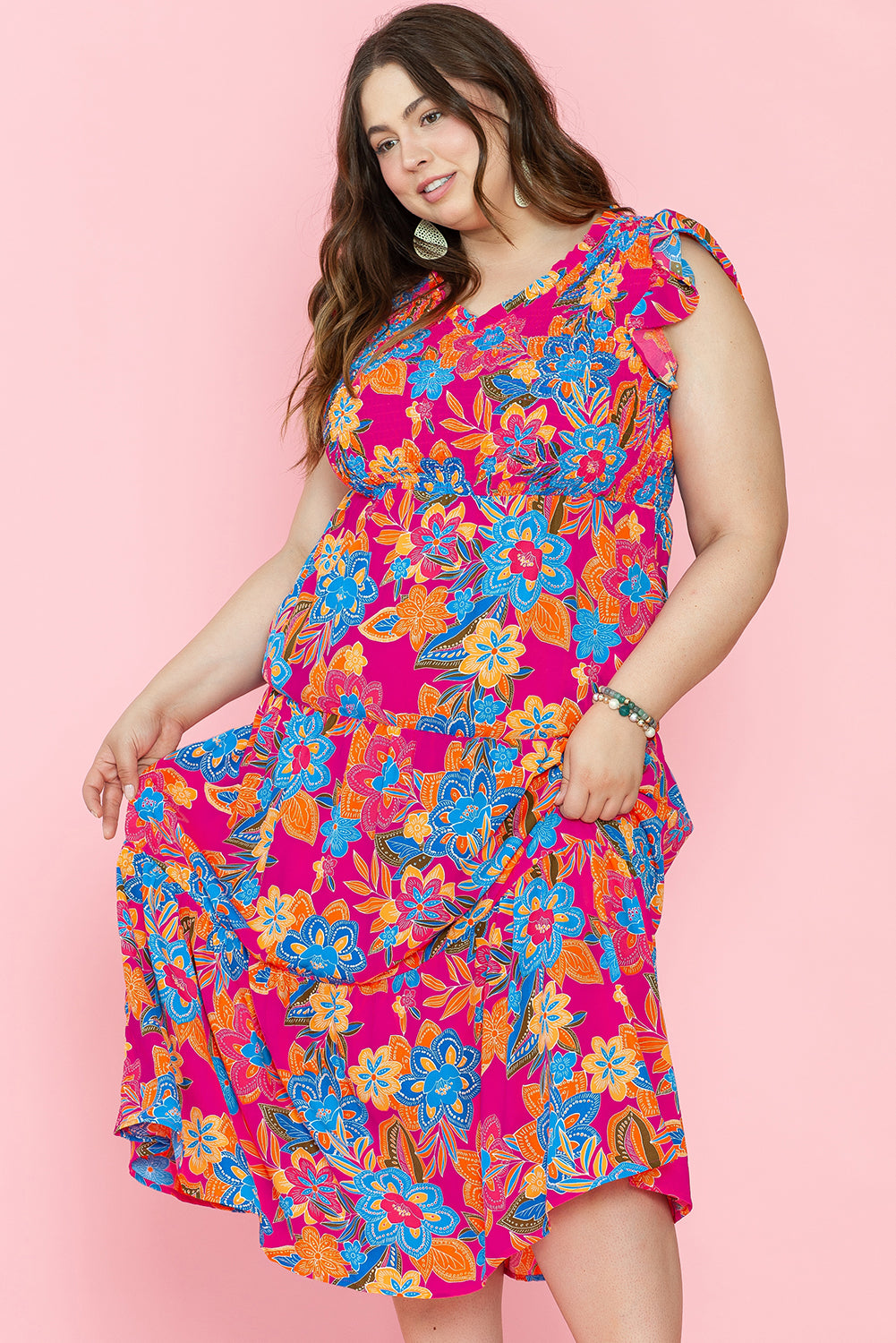 Vibrant red floral ruffled plus size maxi dress