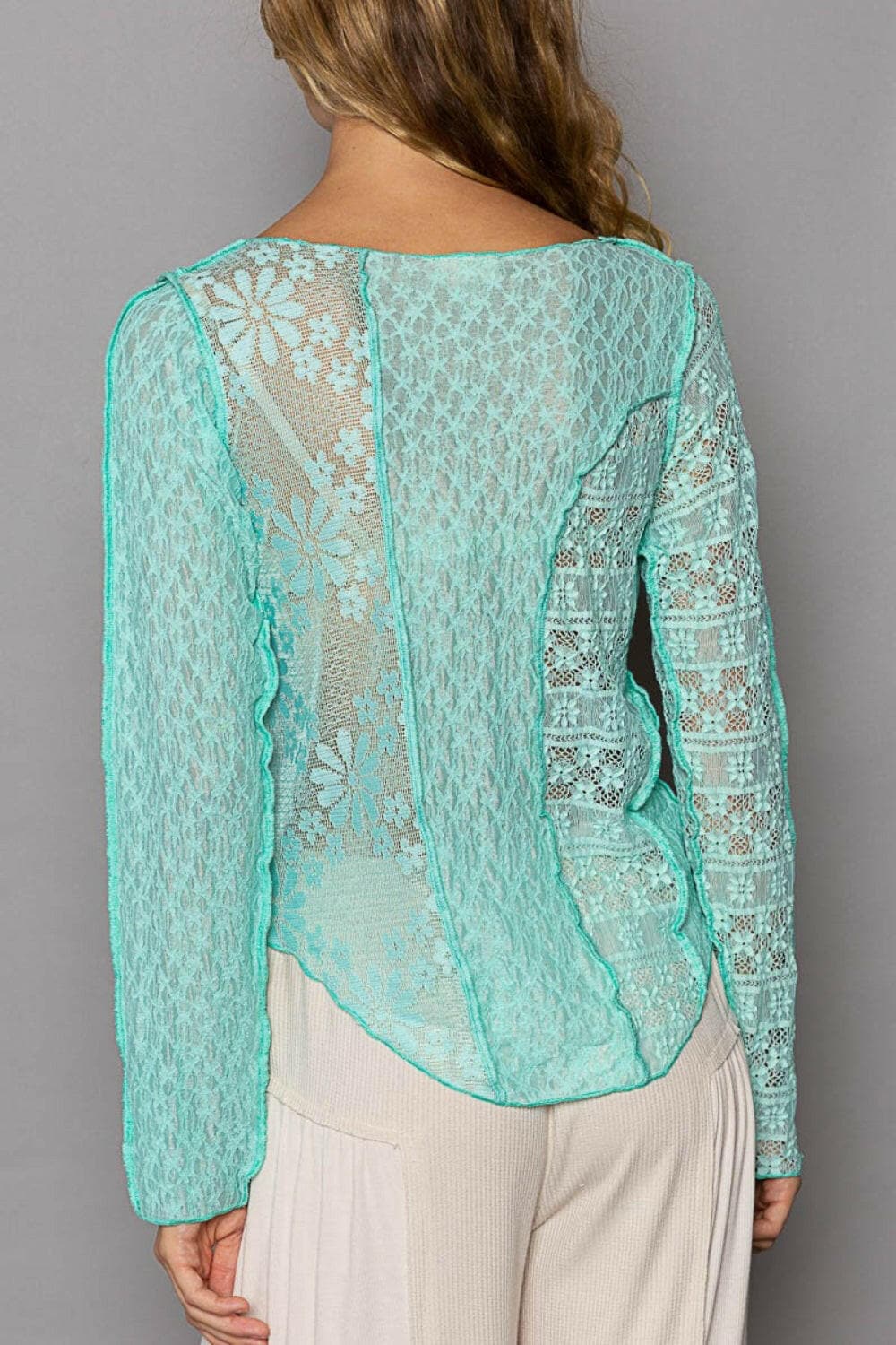 POL Exposed Seam Long Sleeve Lace Knit Top.