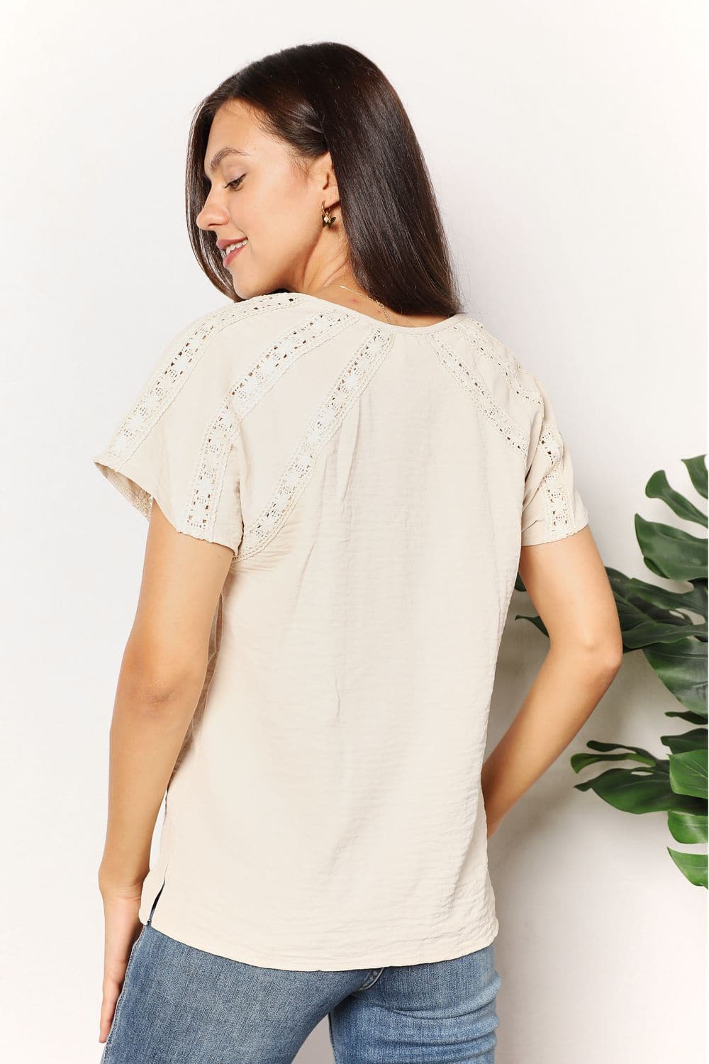 Double Take Crochet Buttoned Short Sleeves Top.