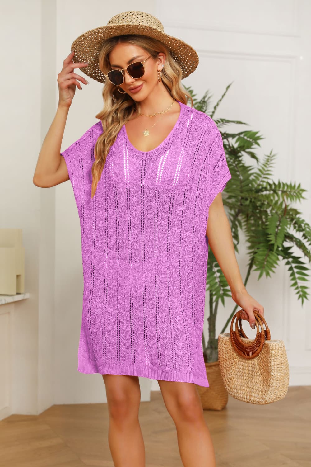 Openwork Side Slit Knit Dress.