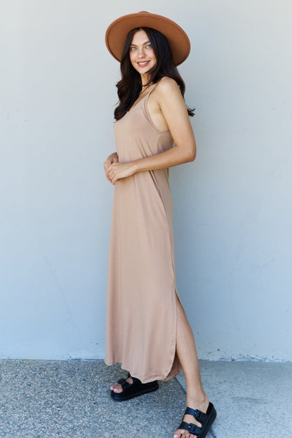 Ninexis Good Energy Full Size Cami Side Slit Maxi Dress in Camel.