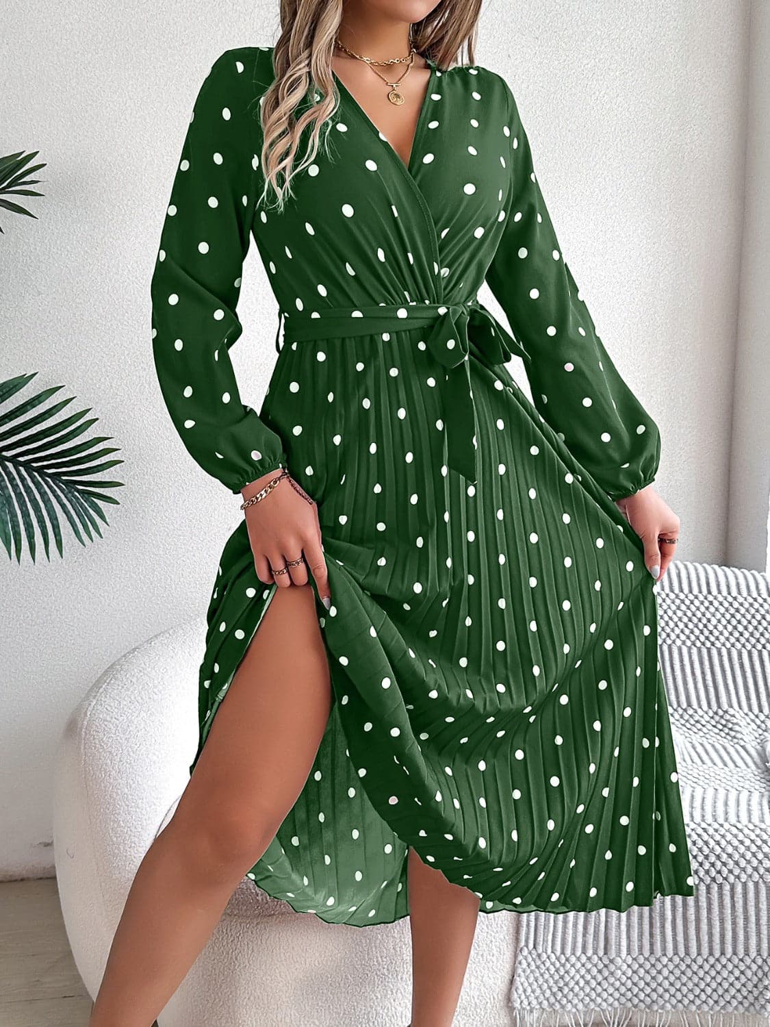 Tied Polka Dot Long Sleeve Midi Dress.