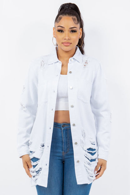 Edgy distressed denim jacket with button-up style