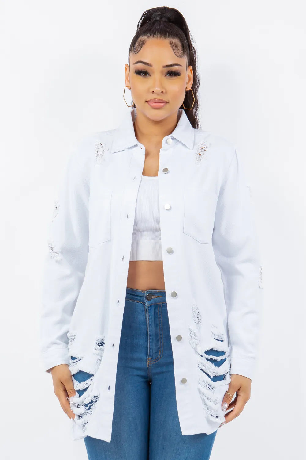 American Bazi Distressed Button Up Long Sleeve Denim Jacket - Love Salve 